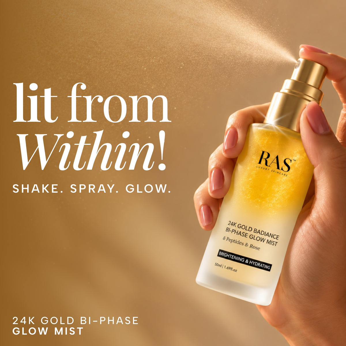 24K Gold Radiance Bi-Phase Glow Mist with 6 peptides and Rose