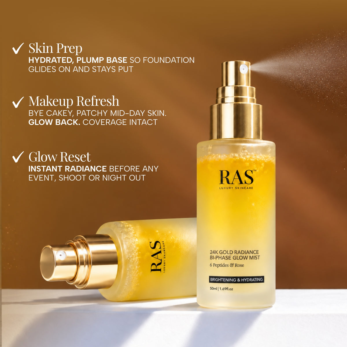 24K Gold Radiance Bi-Phase Glow Mist with 6 peptides and Rose