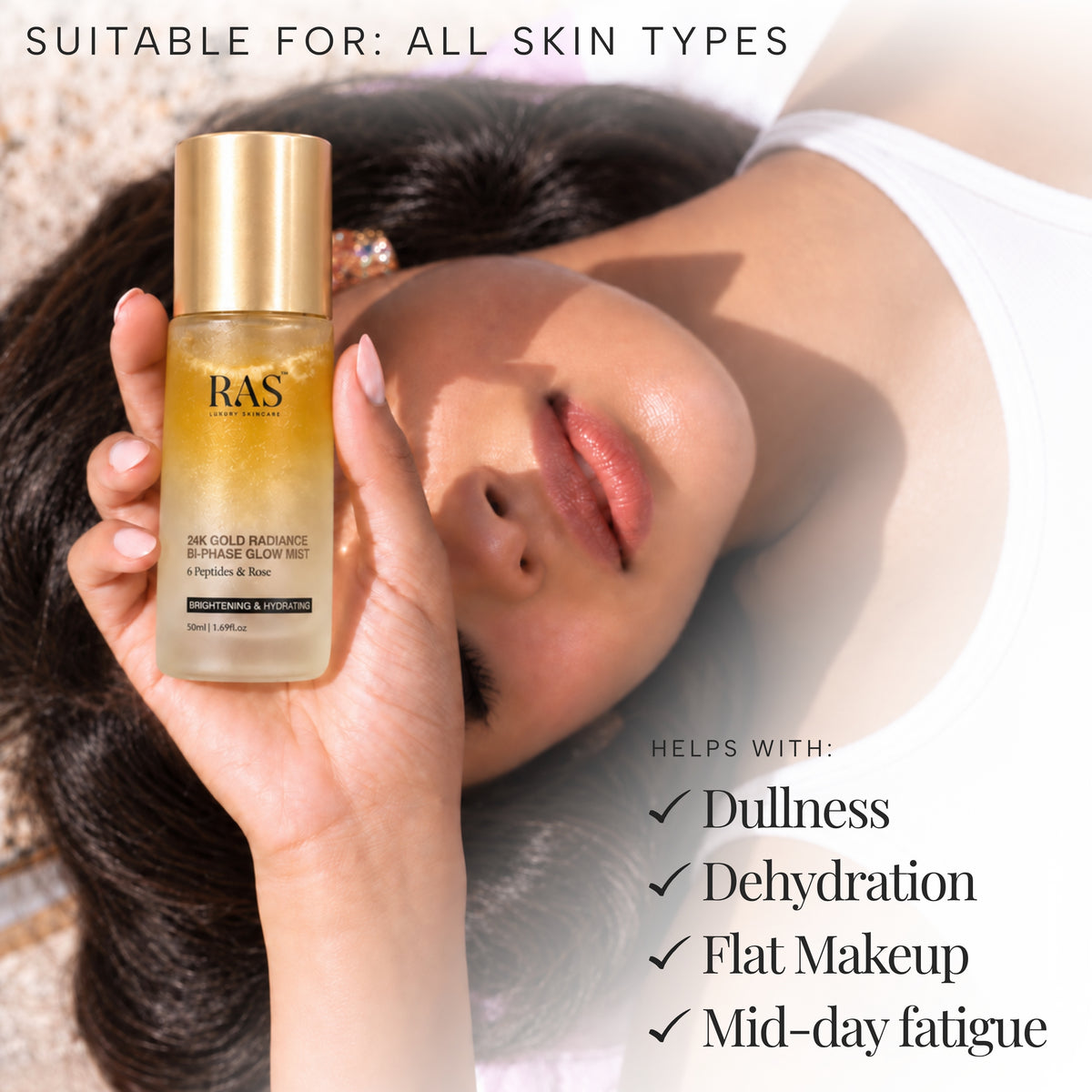 24K Gold Radiance Bi-Phase Glow Mist with 6 peptides and Rose