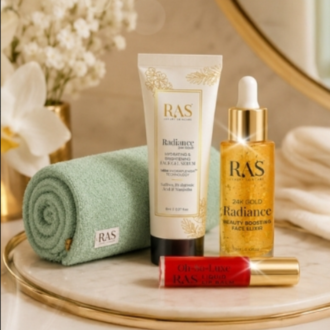 Free Monsoon Glow Routine Set + Hair Towel + 24K Gel Serum + 24K Face Elixir + Lip Balm